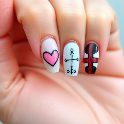 Almond shape, thumb- pink cat eye gel, pointer finger I heart Jesus middle finger cross next finger French tip with moomoo design pinky finger normal French tip