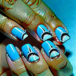Nail design: Short round nails with light blue french tips and shimmery nails. The ring finger is a cute, cartoon shark which its teeth as the bottom of the same light blue french as the other nails.