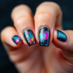 make a simpler design galaxy laser rainbow taco short medium square different design on every nail