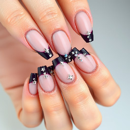 Long almond nails, dark purple modern French tip, with chrome silver stars and rhinestones