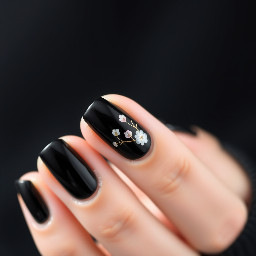 Elegant black nail design with a glossy or matte black base. Delicate floral details in white or soft pink, with thin, minimal linework. Subtle gold accents for contrast. Sophisticated, modern, and minimal