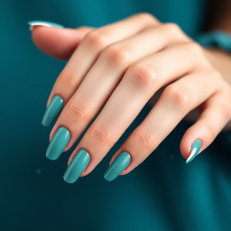 teal nails with a white 1 on the ring finger nail