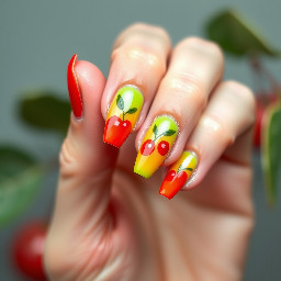 Nail art inspired by cherry limeade with rich red and neon green