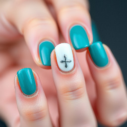 teal nails with a white one on the ring finger nail
