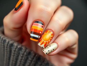 I want a autumn ish vibe, with horizontal stripes, poka dots, some plain nails, and a swirly sun