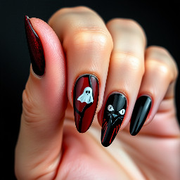 almond nails with the thumb as deep red almost brown with cat's eye, the pointer finger having a black base and the other half has blood dripping, the middle finger has a red base and a ghost, the index finger has a black base with cat's eye and the pinky has the same style as the thumb