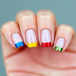 Make one a blue French tip one a yellow French tip one a red French tip and one a green French tip and a gold pinkie