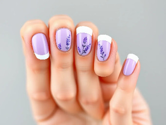A realistic image of one female hand naturally showing all five nails. Each nail has a white french tip lightly airbrushed with a lavender color. The ring fingers also have a realistic lavender sprig drawn on curving with the shape of the nail