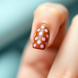 Generate a square French tip with a warm brunette Brown with baby pink polka dots.