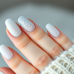 almond nails with a frosty winter and/or ice theme with the colours white and light misty blue. Can use glitter, French tips, ombre, shapes
