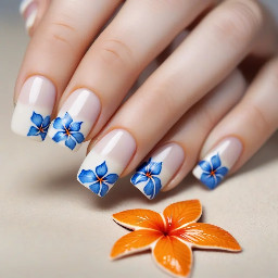 short white square nails with small blue hibiscus flowers in the corner and an orange star fish
