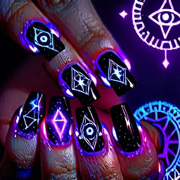 black and deep purple nails with neon violet and blue glowing tarot symbols, mystical eye designs, celestial accents, futuristic witch aesthetic, soft glow lighting, ultra detailed
