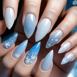 stiletto almond nails with a frosty winter and/or ice theme with the colours white and light misty blue. Can use glitter, French tips, ombre, shapes