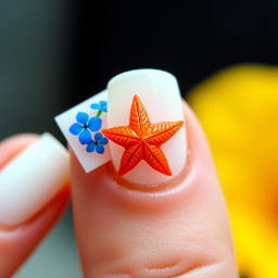 short white square nails with small blue hibiscus flowers in the corner and an orange star fish