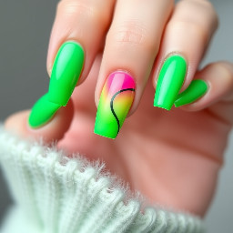 coffin shape medium length bright green polygel nails with a neon pink and green ombre accent nail on ring finger only