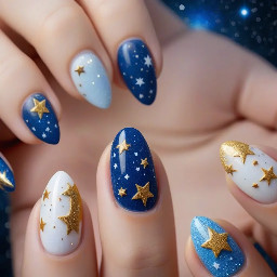 Short almond nails with the colors blue, gold, and white. French tip design, glitter on one of the fingers, constellations, stars, and moons.