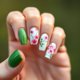 Green pinky nail, white ring finger nail with pink flowers, pink middle finger nail, green pointer finger nail with white flowers, white thumb nail with pink flowers