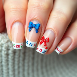 Almond nude nails with french tip basketball and red and blue solids bows and polka dots