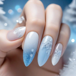 almond nails with a frosty winter and/or ice theme with the colours white and light misty blue. Can use glitter, French tips, ombre, shapes