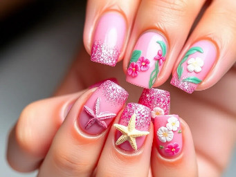 vacation nails with pretty pinks, glitter, 3d nail art, starfish, flowers, and ombre