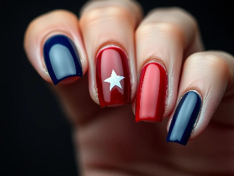 Navy blue nails with ring finger nail dark red with a white star