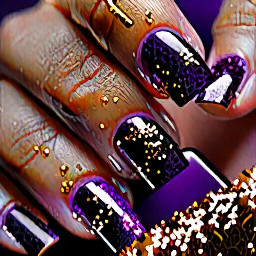 Clear square nails, dark purple french tip, gold glitter on the dark purple French tip