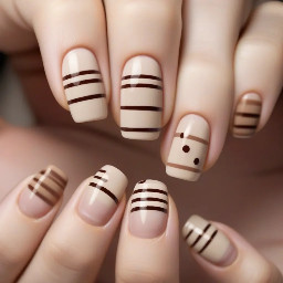 short alomnd shape nails. thumb is light beige with thin brown vertical stripes, pointer finger is a french tip with the same light beige and brown small polka dots, middle finger is light beige with big brown polka dots, ring finger is light beige with thin brown vertical stripes, and little finger is french tip light beige and small dark brown polka dots