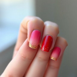 very ight pink base gradient to deep red, with golden flakes on the tips