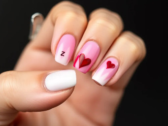 ombré base pink and white almond with on left ring finger add a small Z near the tip in dark red & on the right ring finger add a small heart in the same place