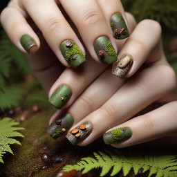 Moss textures Mushrooms Tree bark Ferns Fallen leaves Acorns Tiny insects Earthy matte finishes with dewdrop gloss accents