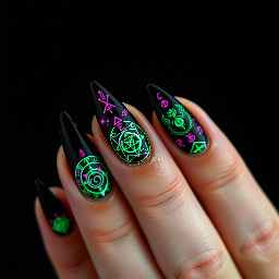 black stiletto nails covered in layered neon sigils, bright green and pink symbols, chaotic occult patterns, glowing runes, high detail, intense contrast, dark background, edgy witchcore aesthetic