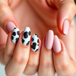 On the ring finger on both hands make it white with black cowprint and also do the same on the thumbs of both hands and on the rest make it a light pink cat eye and make all nails a medium length almond shape