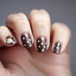 Mushroom colour with one nail with a lighter and darker polka dot