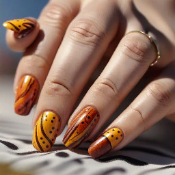 I want a autumn ish vibe, with horizontal stripes, poka dots, some plain nails, and a swirly sun