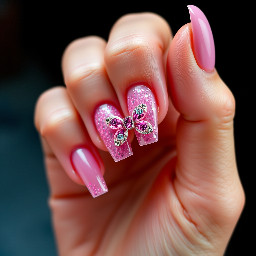pink sparkly gem nail  with cute bow and is mid long