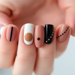 Вот только промпт, без лишнего:  Beautiful edgy nail art, milky white base, glossy finish. Five different nails on one hand. Colors: black, dusty rose, brown, milky white. No hearts, no glitter, no rhinestones, no cute elements. Nail 1: dusty rose base with a single clean black vertical stripe. Nail 2: milky base with one soft blurred brown circle in the center. Nail 3: black base with a thin dusty rose horizontal line near the tip. Nail 4: brown base with two small black dots. Nail 5: milky base with a diagonal black stripe and a tiny dusty rose dot. Elegant, minimal, slightly dark, modern, clean lines, balanced, chic.