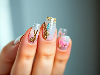 “High fashion Easter bunny nails, editorial nail art, mix of chrome pastel finishes and matte textures, abstract bunny silhouettes instead of cartoon, negative space design, gold foil details, translucent nails with embedded flowers, dreamy soft lighting, luxury aesthetic, viral TikTok nail trend, hyper-detailed, 4K”