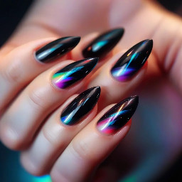 black nails with rainbow light leak effects, soft blurred color streaks, film burn aesthetic, glossy finish, cinematic moody lighting, modern goth style