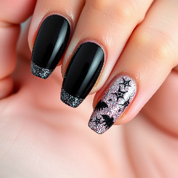 Short almond nail with a cute yet simple halloween themed design including at least 1 french tip, the color black, and sparkles