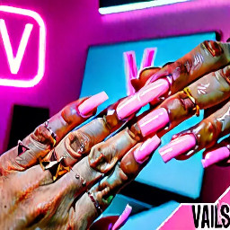 A luxury beauty studio promotional photoshoot of a young woman sitting at a nail art desk in a pastel pink themed salon. Behind her is a giant Instagram profile display board of her nail brand “Vnails Academy & Studio” with followers, posts, and highlights visible. Neon sign on the wall saying “Nails are my love language” glowing in soft pink. Table filled with nail polish bottles, nail art samples, acrylic nail sets, brushes, flowers, notebook, and beauty accessories. Elegant feminine setup, warm fairy lights, soft glam makeup, stylish hair, modern cozy salon interior, premium aesthetic branding, highly detailed, realistic photography, soft lighting, luxury Instagram influencer vibe, pink and nude color palette, ultra HD, professional product photography, cinematic look.