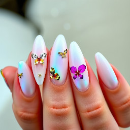 Prompt  Ultra-luxury couture nail art, long almond-shaped nails with a flawless high-gloss finish. A sophisticated blend of pearlescent chrome, translucent jelly layers, iridescent aurora shimmer, and delicate white marble veining accented with fine metallic gold foil. Each nail features a unique composition including hand-painted orchids, miniature butterflies, crystalline dew drops, floating holographic flakes, and tiny freshwater pearls. Soft blush pink fades seamlessly into milky ivory with hints of champagne and opal. Ultra-realistic lighting, professional salon quality, macro beauty photography, razor-sharp detail, elegant feminine luxury aesthetic, premium editorial fashion styling, award-winning nail competition design, perfectly manicured cuticles, luxury spa presentation, highly detailed textures, photorealistic, 8K, masterpiece.  Negative Prompt  blurry, low quality, cartoon, illustration, flat colors, poorly painted nails, deformed fingers, extra fingers, chipped polish, dirty nails, watermark, text, logo, oversaturated, unrealistic anatomy, duplicate nails, bad lighting, low resolution, noisy image.  Style Variations Quiet Luxury – nude beige, ivory chrome, gold micro-lines, subtle pearls. Mermaid Fantasy – aqua jelly, seashell chrome, pearls, holographic glitter. Dark Gothic – black obsidian chrome, silver filigree, roses, crystals. Cherry Blossom – pastel pink, sakura petals, soft glitter, delicate branches. Celestial – midnight blue, galaxies, moons, stars, silver chrome. Autumn Luxe – tortoiseshell, amber, bronze foil, maple leaves. Winter Ice Queen – icy blue chrome, snowflakes, crystal diamonds. Tropical Paradise – hibiscus flowers, turquoise marble, gold leaf, palm accents.