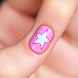 Round tip nails with Red french tips and one nail with a large bright pink star one bright pink star