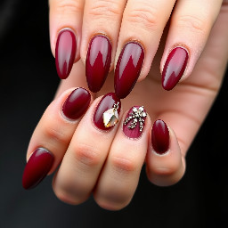 I want almond-shaped burgundy nails. I want the thumb, middle, and pinky fingers to be completely burgundy, the index finger to have a burgundy French tip with a charm, and the ring finger to have 3D effec
