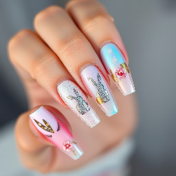 “High fashion Easter bunny nails, editorial nail art, mix of chrome pastel finishes and matte textures, abstract bunny silhouettes instead of cartoon, negative space design, gold foil details, translucent nails with embedded flowers, dreamy soft lighting, luxury aesthetic, viral TikTok nail trend, hyper-detailed, 4K”