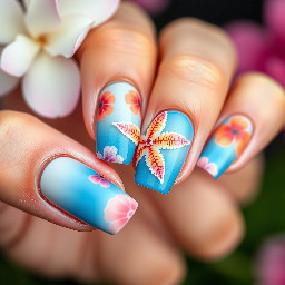 Summer nails: blooming. Flower. Seastar blue/orange/pink
