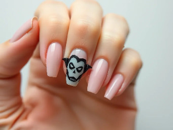 I'm designing my Halloween nails. I want a pinky-neutral base, almost a jelly nail look, extremely short nail, and a very small, easy to do Dracula cartoon face on my ring finger. Can you show me what that may look like?