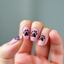 Short almond medium pink nails with 3 dog paw prints on each nail