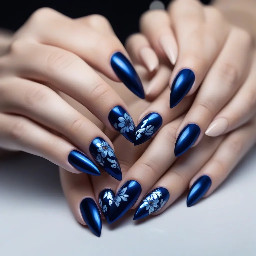 Dark blue chrome almond nails with some simple floral design