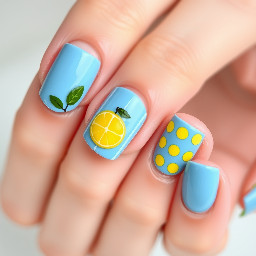 almond nails with baby blue french tips on on the middle three fingers. On the index finger, have a simple lemon with leaves slightly overlapping the blue tip. On the little finger, have the same blue as the tips for the whole nail but with some white lines down vertically down the nail and another lemon with leaves in the centre of this nail. Have the thumb nail be the same blue again but with yellow dots