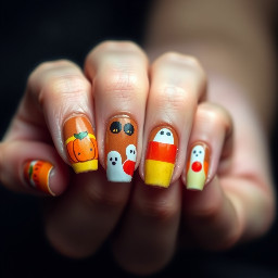 Halloween nails, pumpkin, candy corn, ghosts, patches use browns and oranges